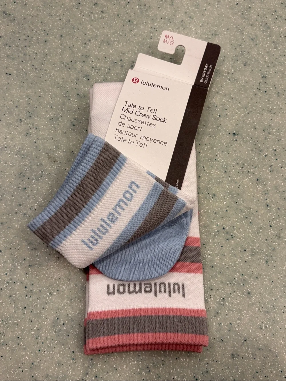 lululemon Tale to Tell Mid Crew Socks - White with Blue, Pink & Gray Stripes